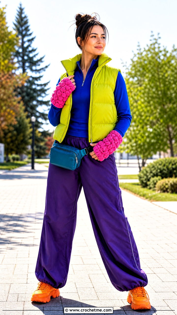 Puff Stitch Crochet Wrist Warmers With Puffer Vest - 35 crochet gloves outfit ideas
