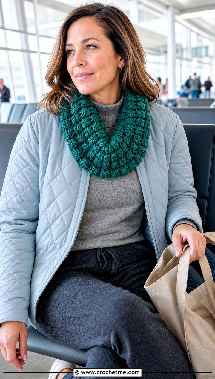 Puff Stitch Crocheted Cowl With Quilted Jacket And Knit Pants - 25 Crocheted Cowl outfit ideas