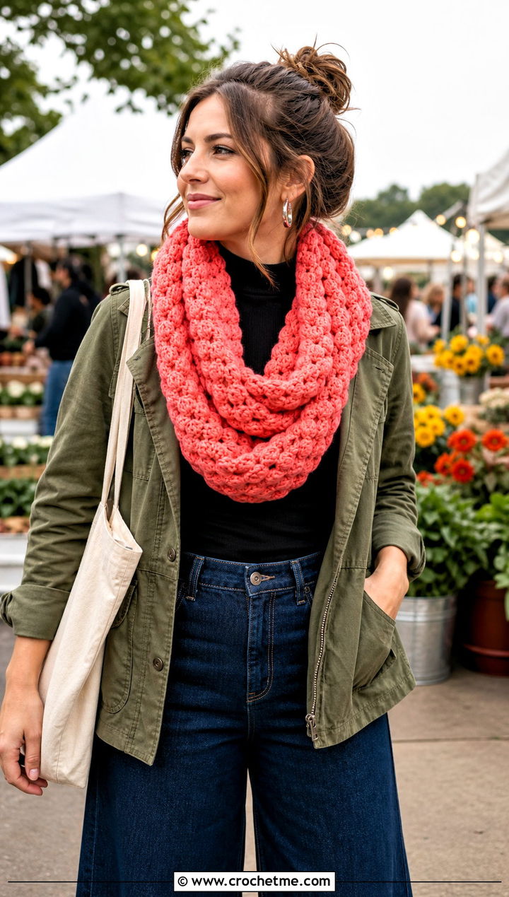 Puff Stitch Crocheted Infinity Scarf With Utility Jacket and Wide Leg Jeans - 15 Easy Crocheted Infinity Scarf outfit ideas
