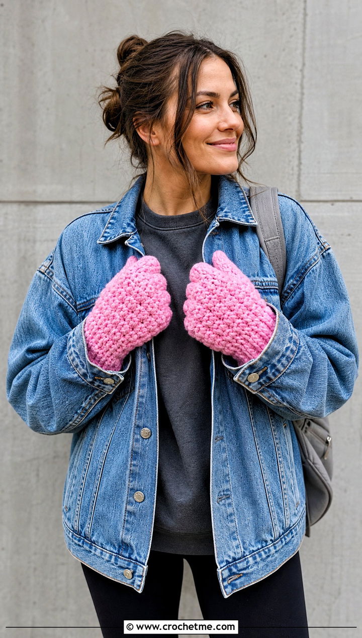 Puff Stitch Crocheted Mittens With Denim Jacket - 30 Crocheted Mittens outfit ideas