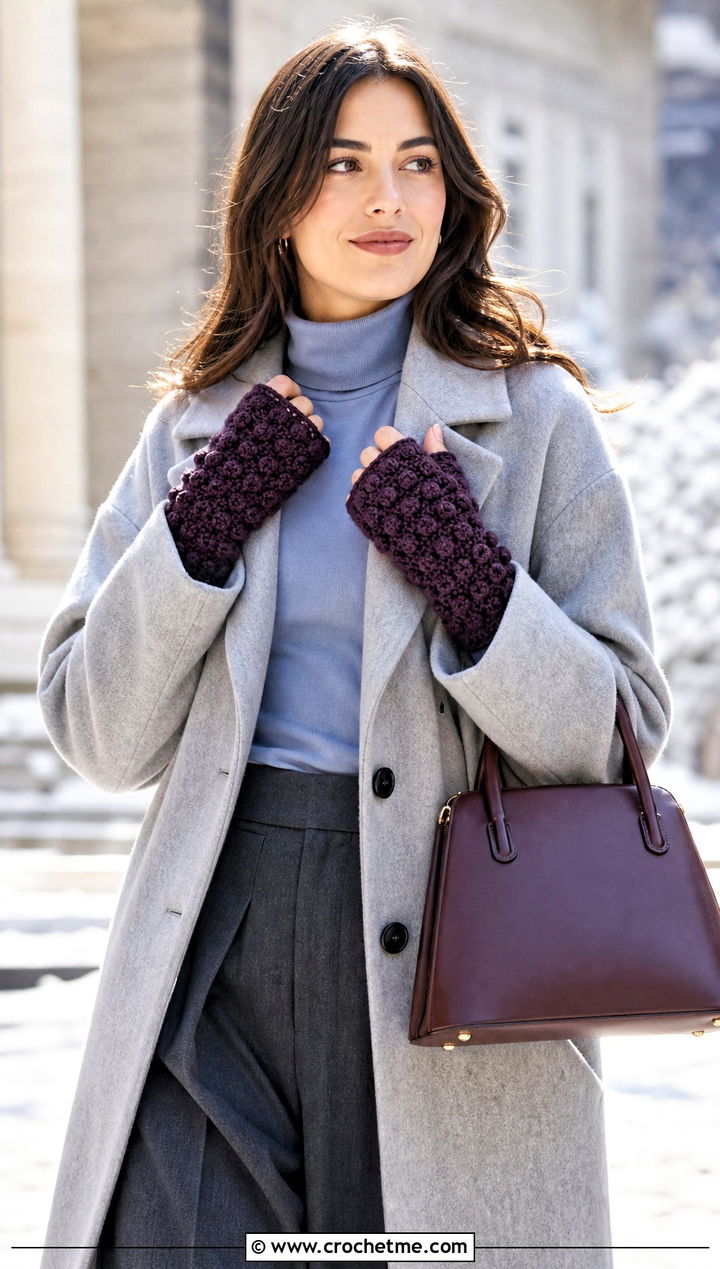 Puff Stitch DK Yarn Crochet Fingerless Gloves With Wool Coat - 25 dk yarn crochet fingerless gloves outfit ideas