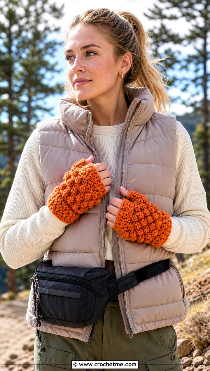 Puff Stitch Fingerless Crochet Gloves With Puffer Vest - 30 fingerless crochet gloves outfit ideas