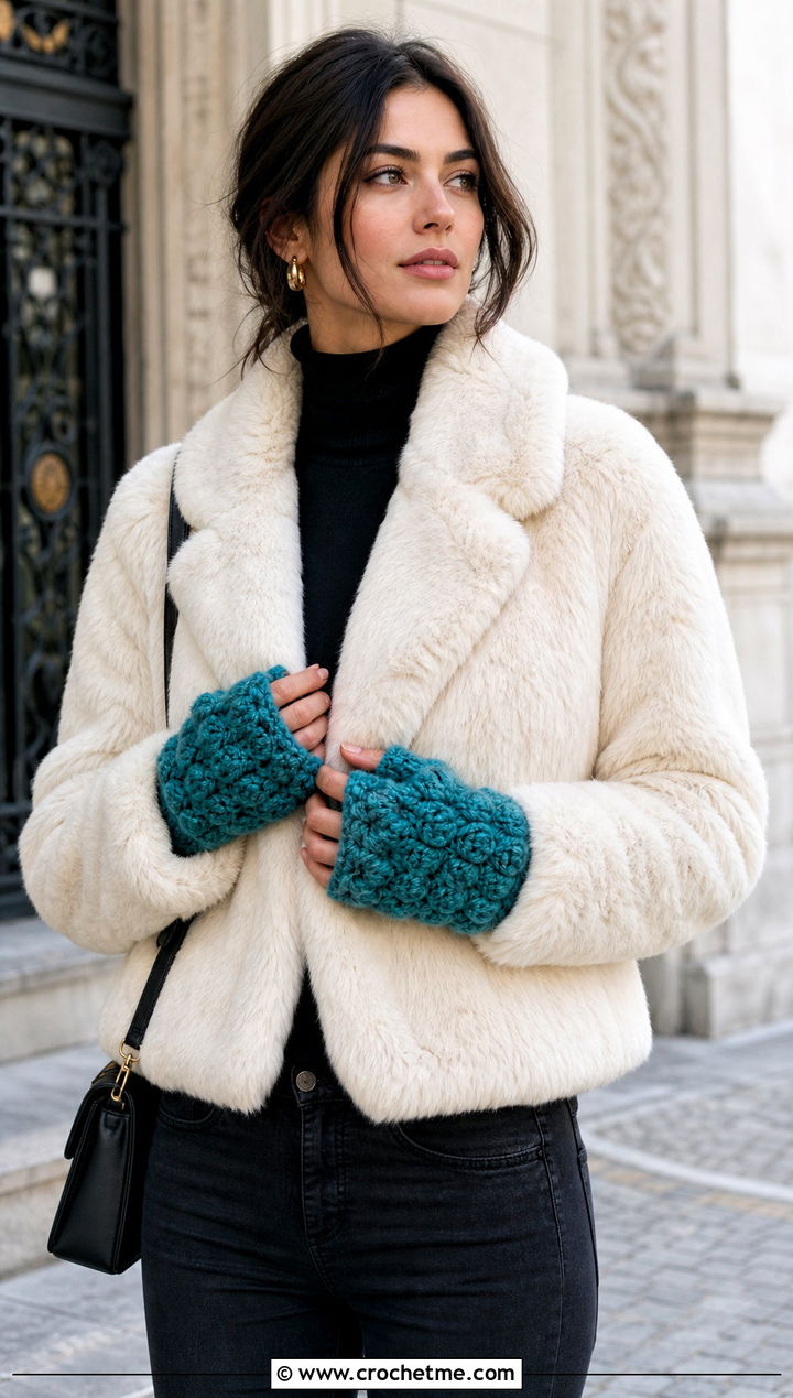 Puff Stitch Fingerless Gloves With Faux Fur Coat - 25 Crochet Fingerless Gloves Bulky Yarn outfit ideas