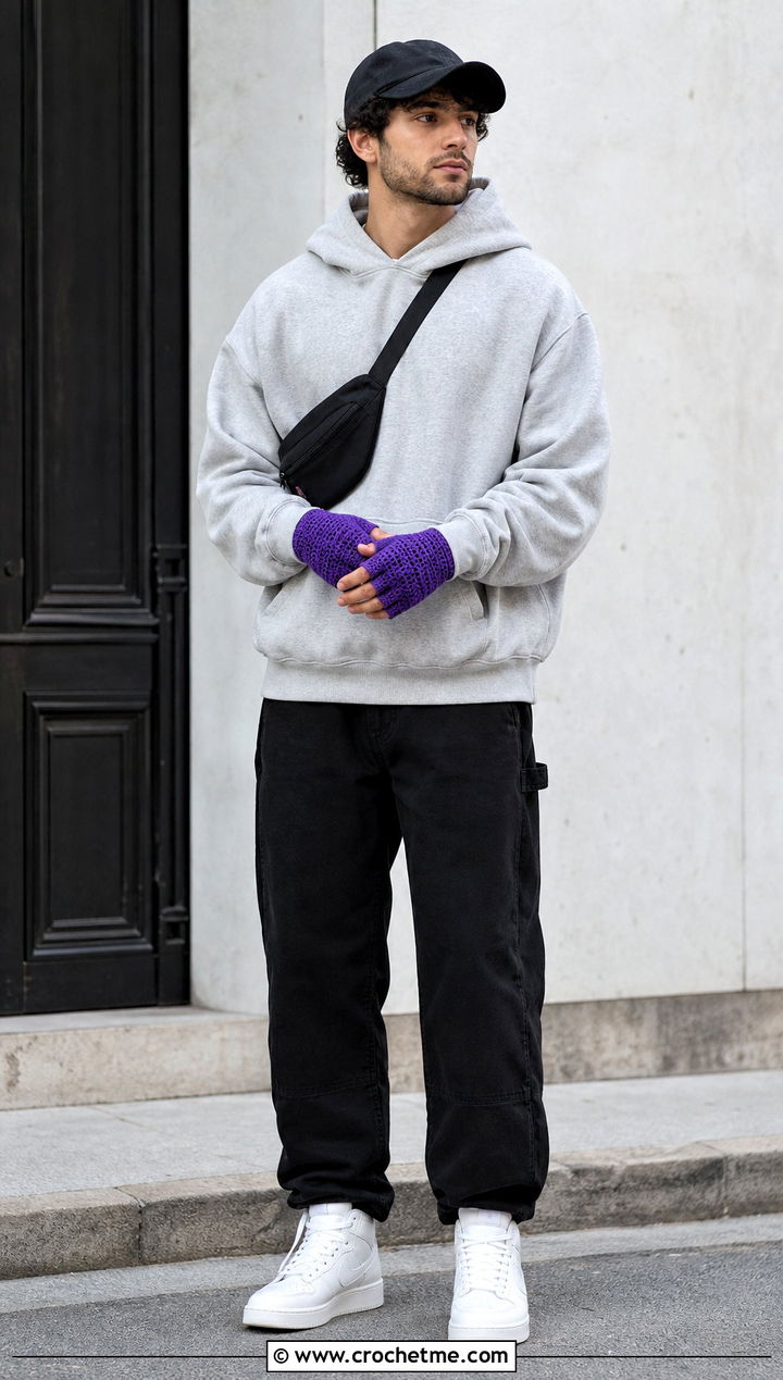 Puff Stitch Fingerless Gloves With Hoodie - 35 men crochet gloves outfit ideas