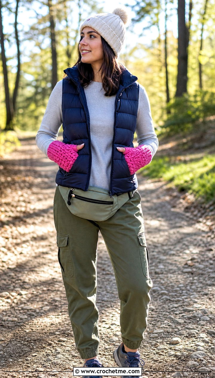 Puff Stitch Fingerless Gloves With Puffer Vest - 25 Crochet For Fingerless Gloves outfit ideas