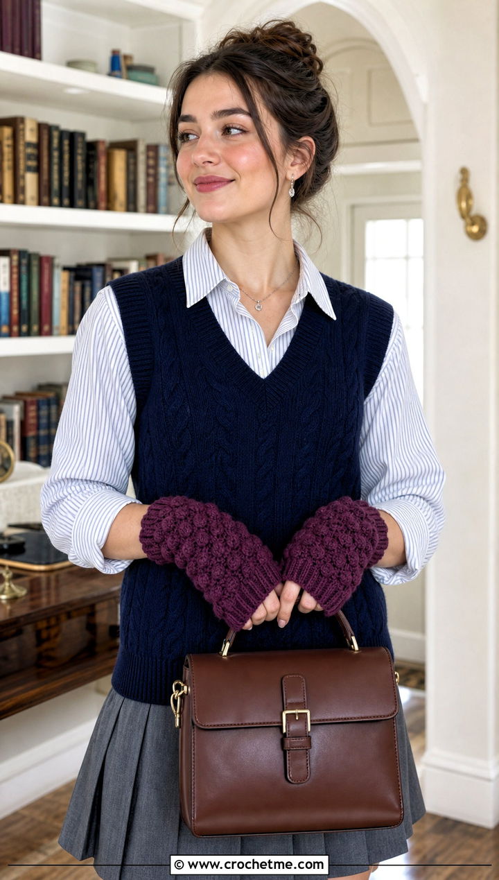 Puff Stitch Fingerless Gloves With Sweater Vest And Pleated Skirt - 30 crocheted fingerless gloves outfit ideas