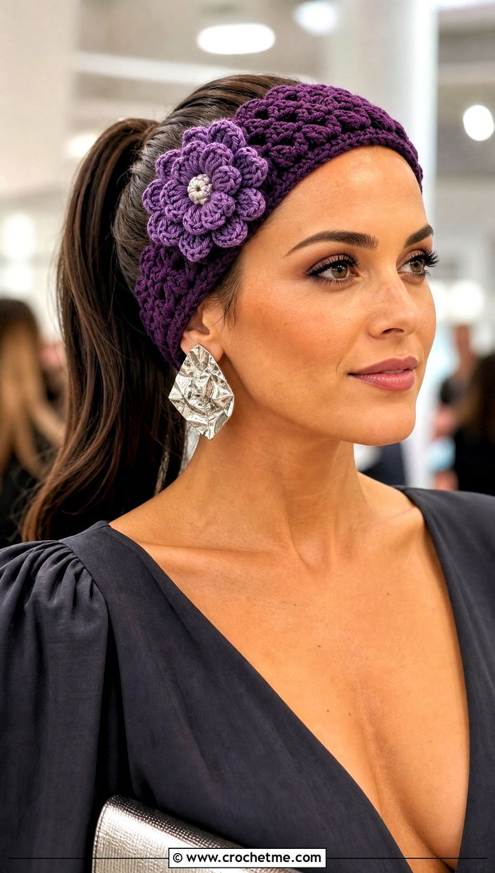 Puff Stitch Flower Headband With Jumpsuit - 15 colorful crocheted headband with flower outfit ideas
