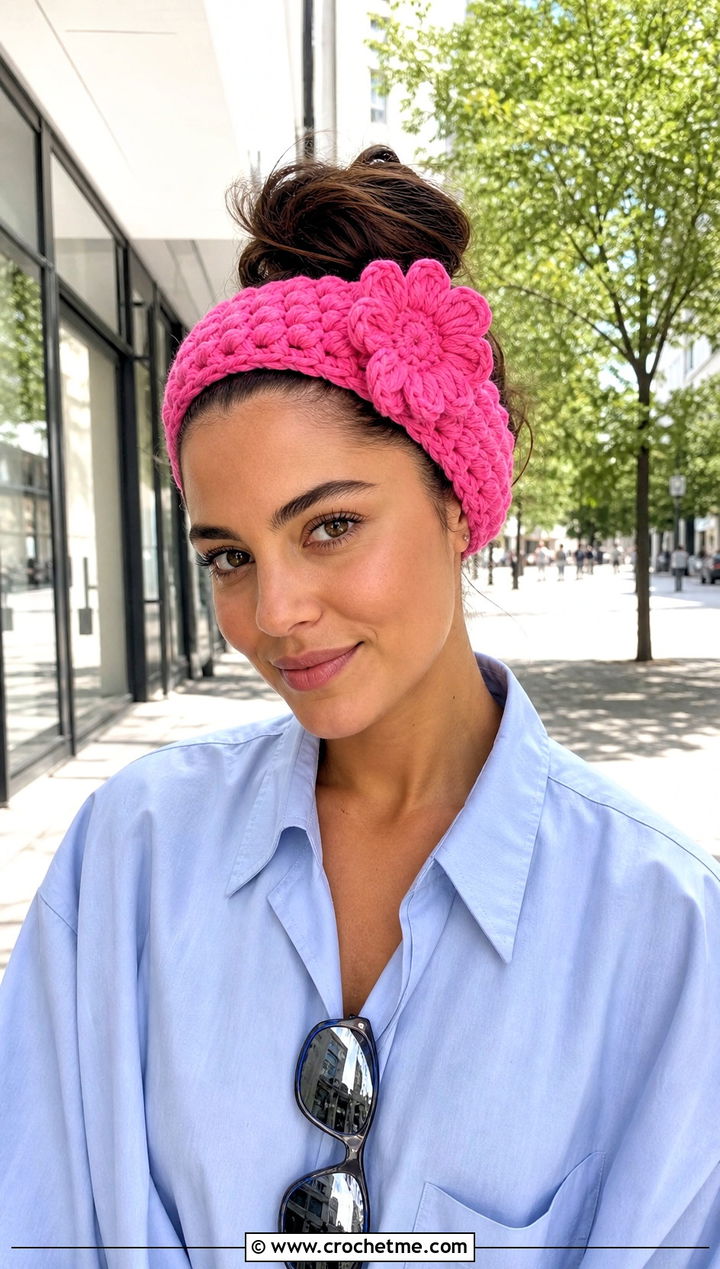 Puff Stitch Flower Headband With Oversized Shirt And Bike Shorts - 30 crochet headband with flower outfit ideas
