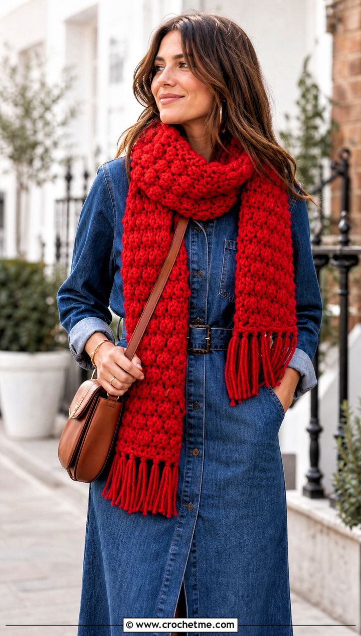 Puff Stitch Fringe Scarf With Denim Dress - 25 Crochet Scarf Fringe Ideas