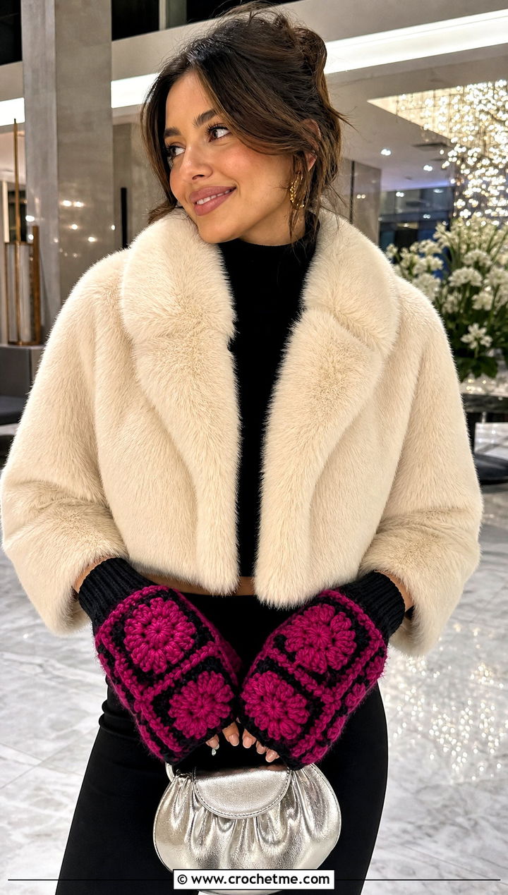 Puff Stitch Granny Square Gloves With Faux Fur Jacket - 20 Fingerless Granny Square Gloves outfit ideas