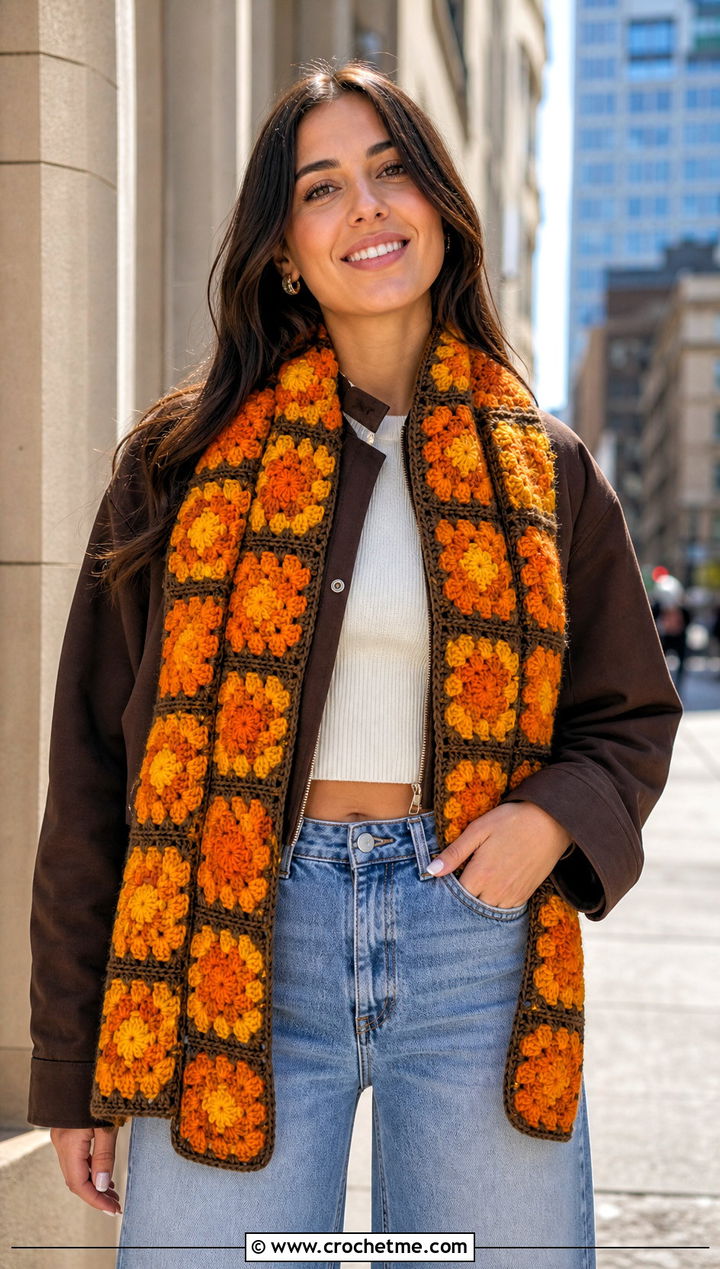 Puff Stitch Granny Square Scarf With Cropped Jacket And Wide Leg Jeans - 30 crochet scarf squares outfit ideas