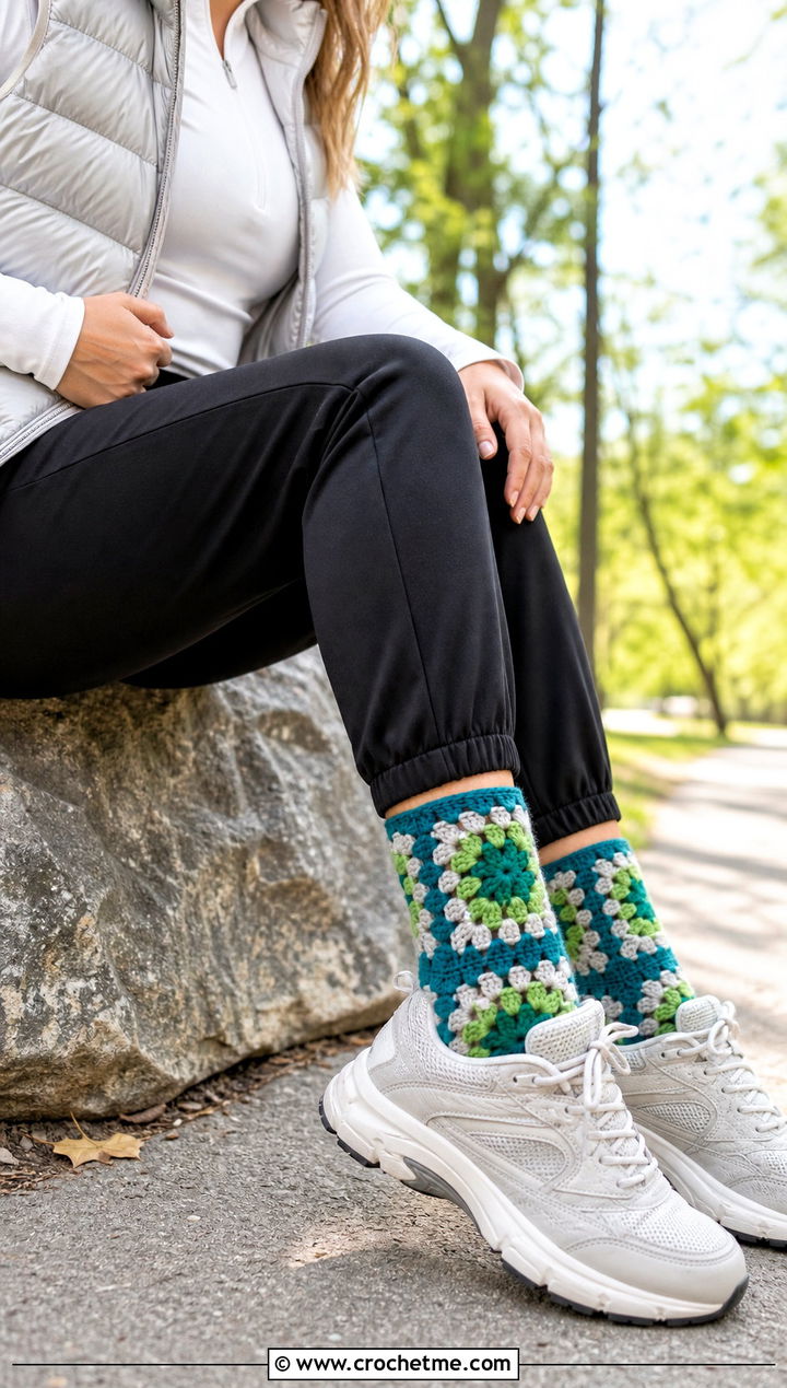 Puff Stitch Granny Square Socks With A Puffer Vest And Joggers - 35 crochet granny square socks outfit ideas