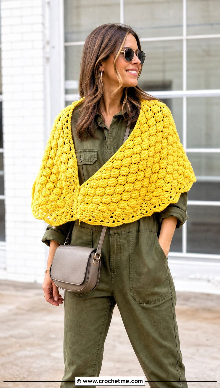 Puff Stitch Half Moon Crochet Shawl With Utility Jumpsuit - 25 Half Moon Crochet Shawl outfit ideas