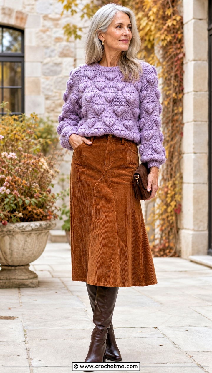 Puff Stitch Heart Crochet Top With Corduroy Midi Skirt - 15 heart crochet top outfit ideas