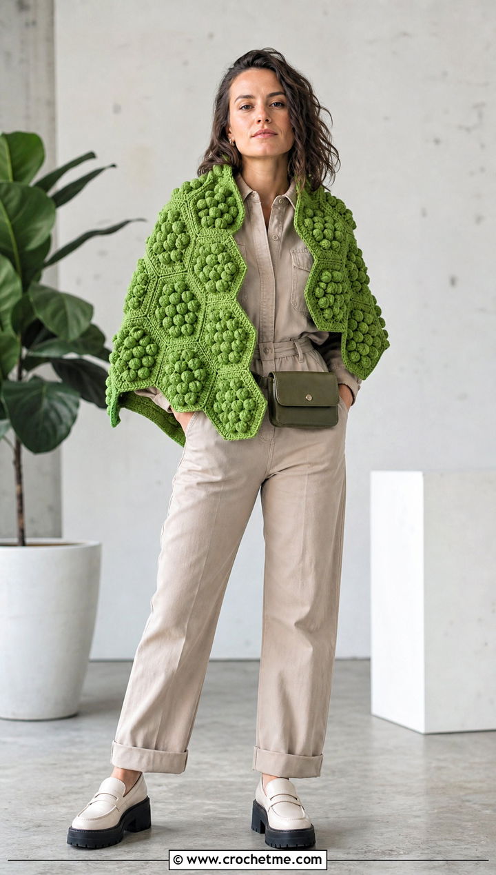 Puff Stitch Hexagon Shawl With Utility Jumpsuit - 20 Crochet Hexagon Shawl outfit ideas