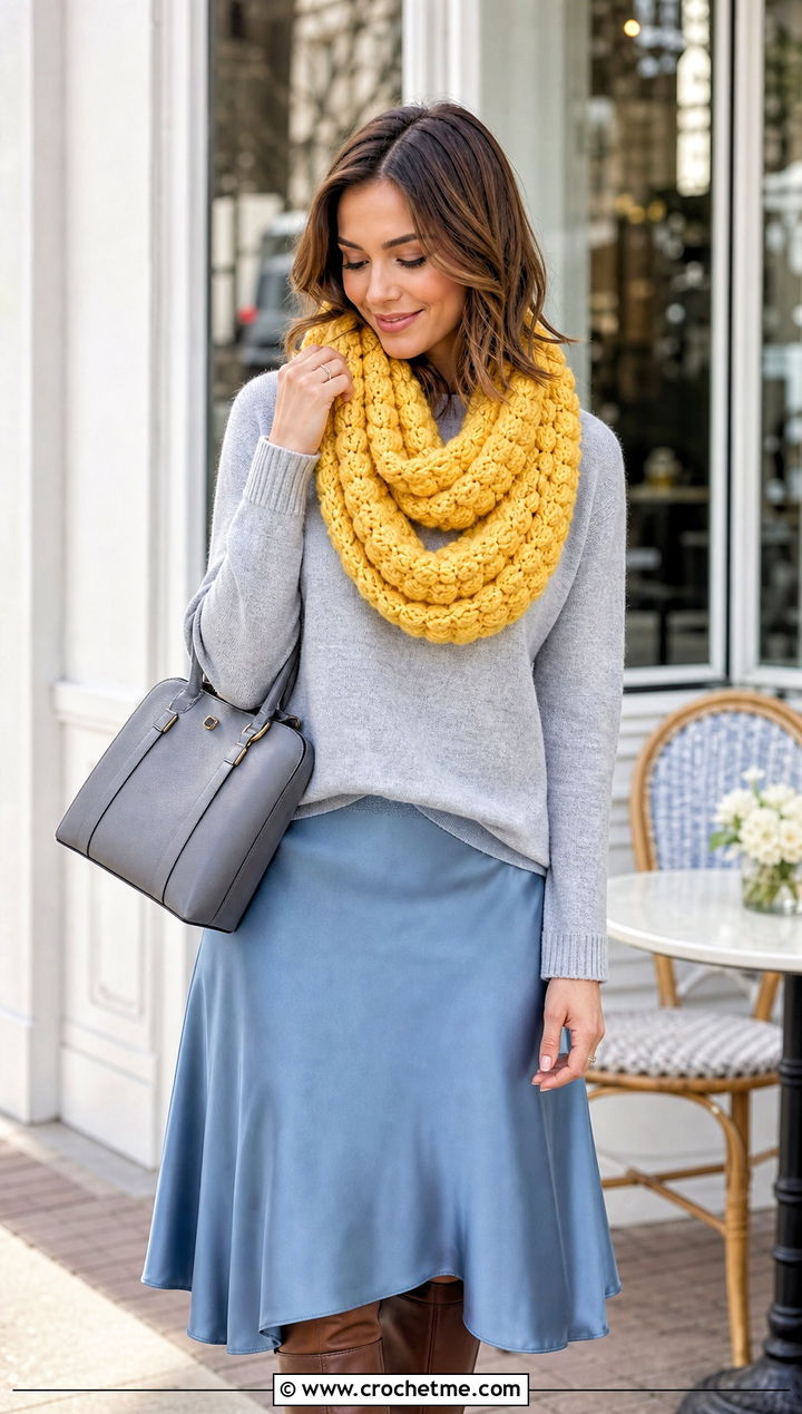 Puff Stitch Infinity Crochet Scarf With Sweater And Midi Skirt - 15 Infinity Crochet Scarf outfit ideas