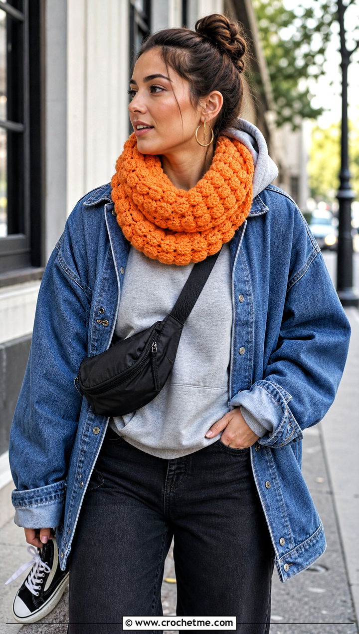 Puff Stitch Infinity Scarf With Hoodie And Jeans - 15 One Skein Crochet Infinity Scarf outfit ideas
