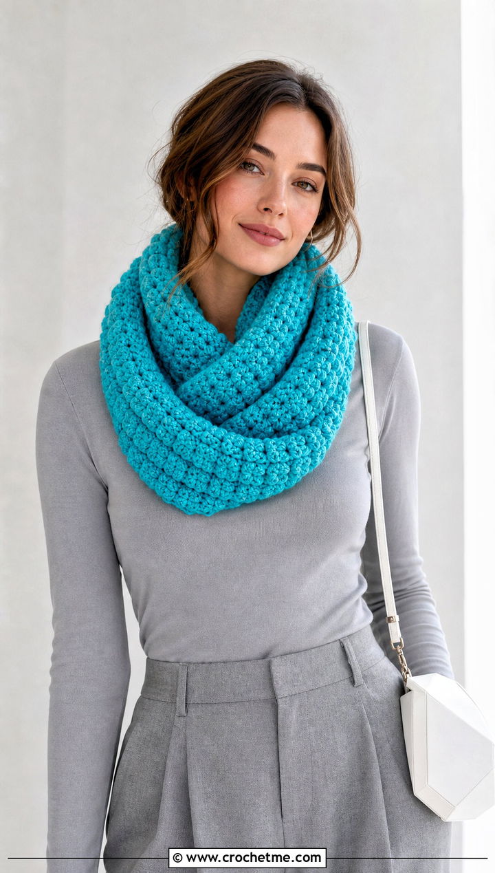 Puff Stitch Infinity Scarf With Monochrome Outfit - 30 easy crochet infinity scarf outfit ideas