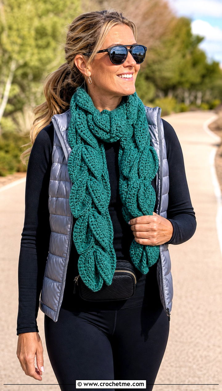 Puff Stitch Leaf Scarf With Puffer Vest - 25 crochet leaf scarf outfit ideas