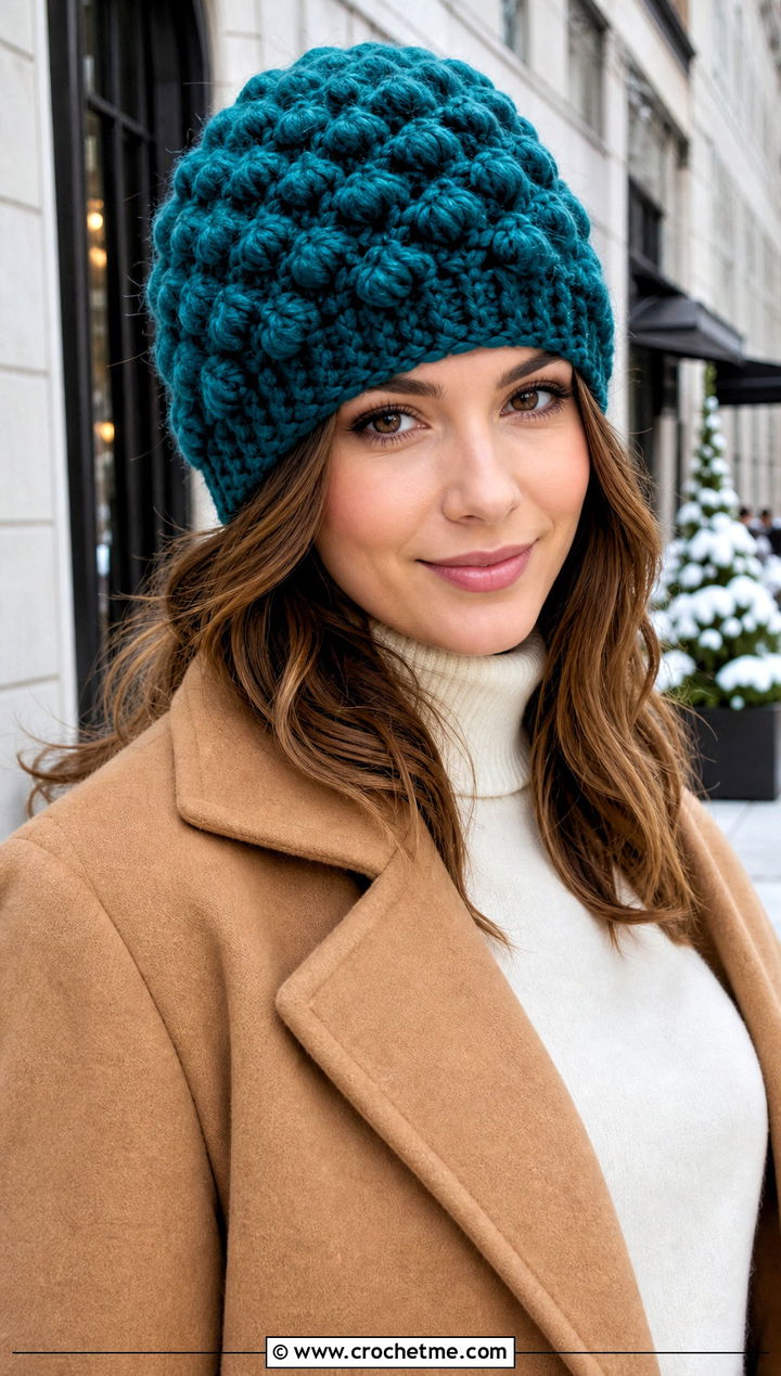 Puff Stitch Magic Circle Crochet Beanie With Wool Coat - 25 Crochet Beanie Magic Circle outfit ideas