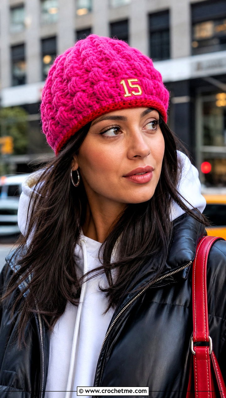 Puff Stitch Mahomes Beanie With Leather Jacket - 15 Crochet Mahomes Hat outfit ideas