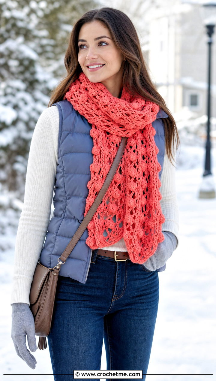 Puff Stitch Mesh Scarf With Puffer Vest And Straight Jeans - 25 Crochet Mesh Scarf outfit ideas
