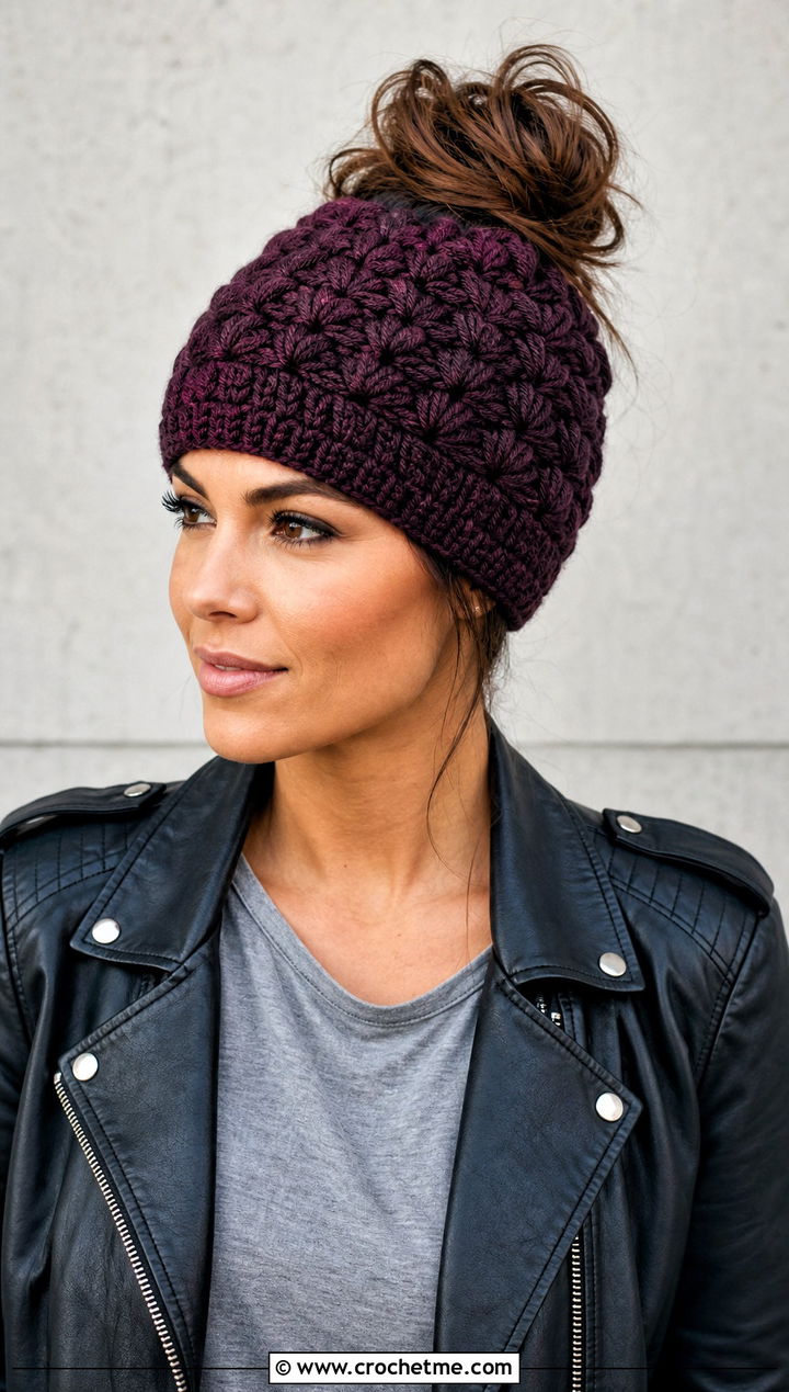 Puff Stitch Messy Bun Crochet Beanie With Leather Jacket - 30 easy messy bun crochet beanie outfit ideas