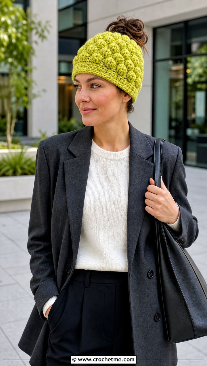 Puff Stitch Messy Bun Crochet Hat With Blazer And Trousers - 25 Easy Messy Bun Crochet Hat outfit ideas