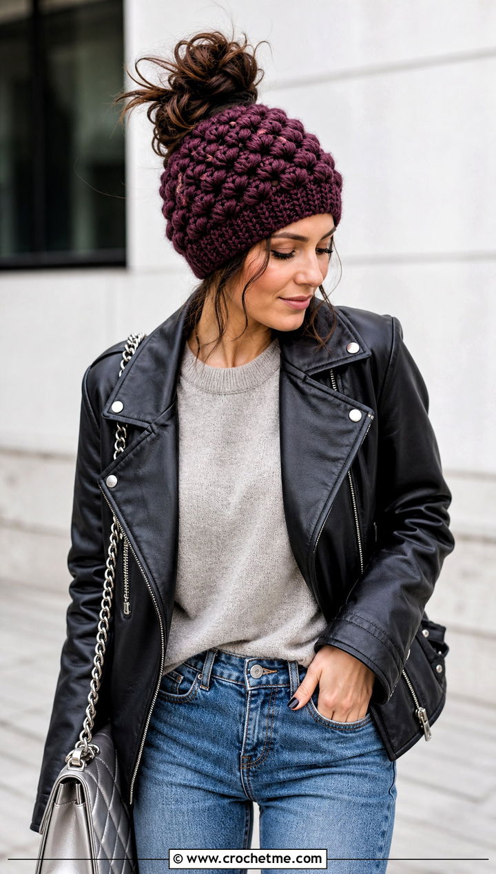 Puff Stitch Messy Bun Crochet Hat With Leather Jacket - 25 Messy Bun Crochet Hat outfit ideas