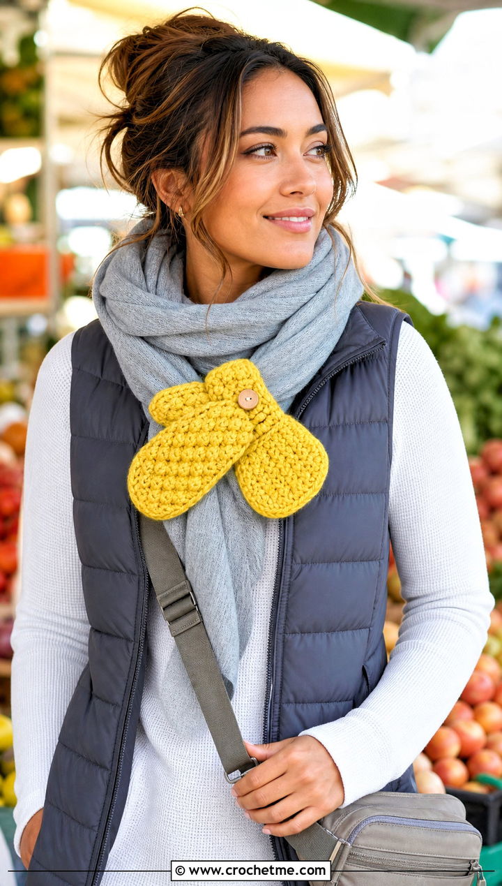 Puff Stitch Mini Crochet Mitten Scarf Pin With Puffer Vest - 15 mini crochet mittens outfit ideas