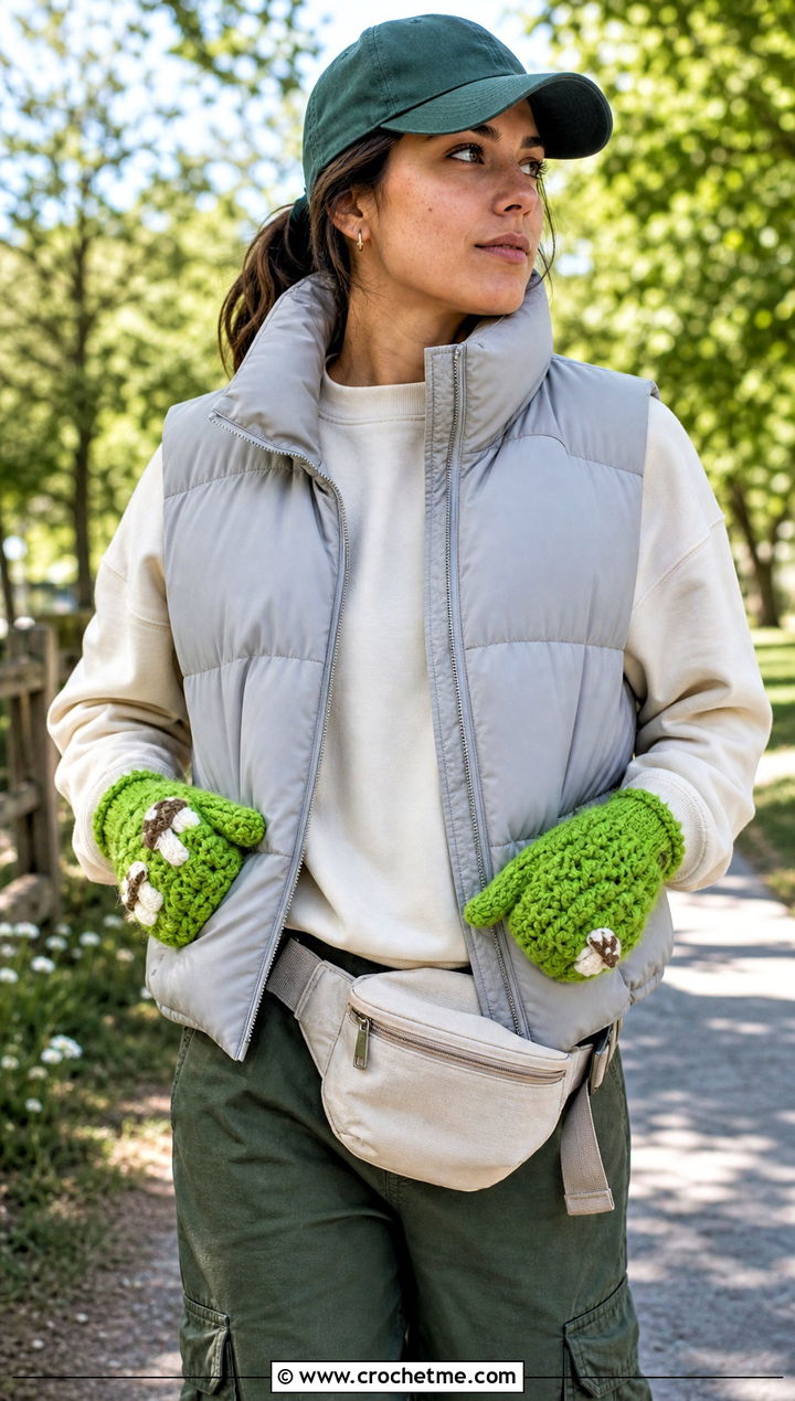 Puff Stitch Mushroom Gloves With Puffer Vest - 20 Crochet Mushroom Gloves outfit ideas