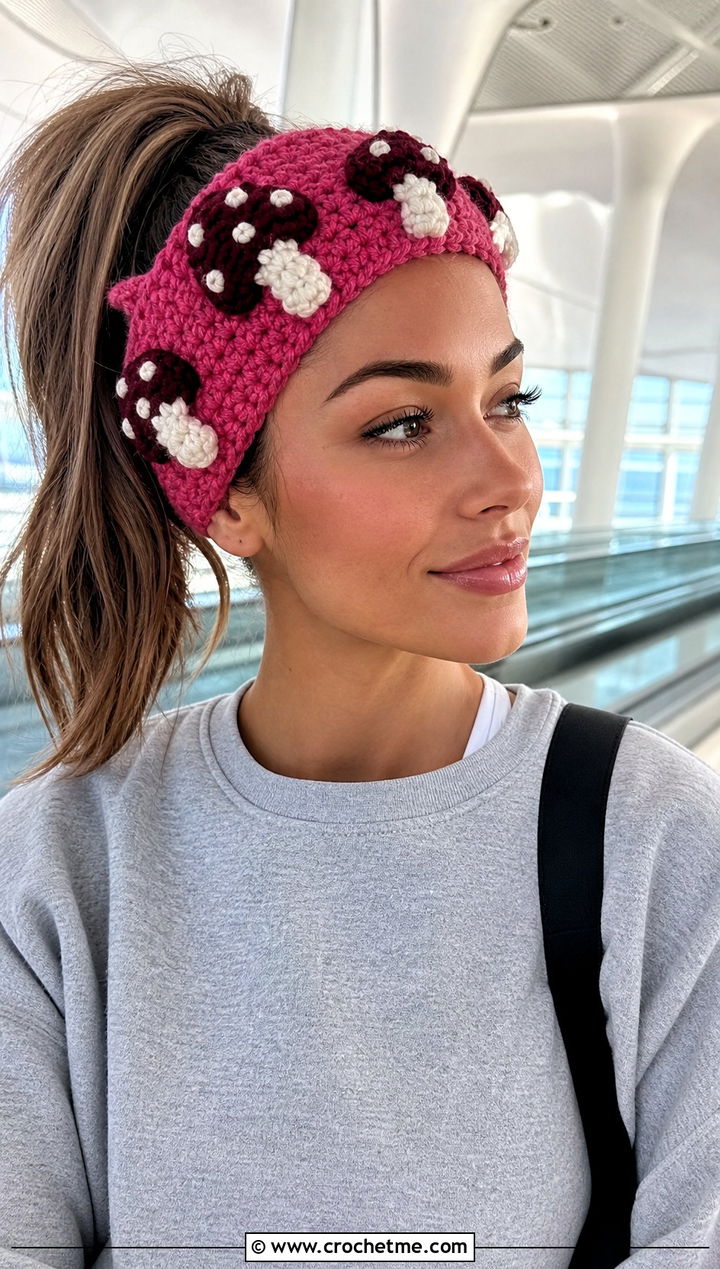 Puff Stitch Mushroom Headband With Matching Sweat Set - 25 mushroom crochet headband outfit ideas