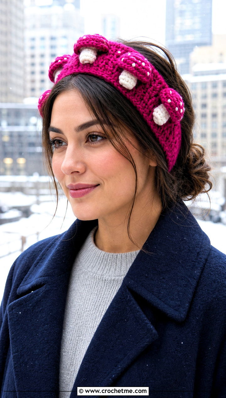 Puff Stitch Mushroom Headband With Sweater Dress - 25 Crochet Mushroom Headband outfit ideas