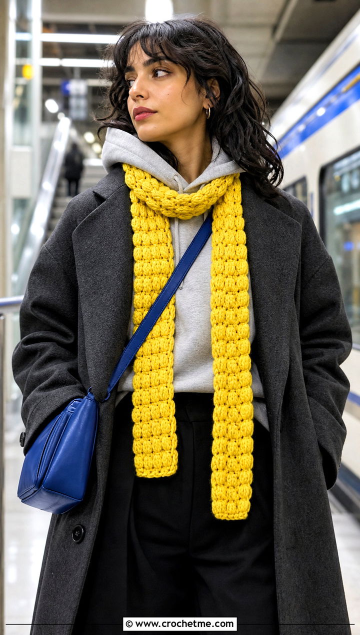 Puff Stitch Narrow Crochet Scarf With Hoodie And Coat - 25 Narrow Crochet Scarf outfit ideas