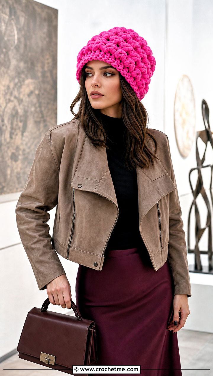 Puff Stitch Oversized Crochet Beanie With Satin Midi Skirt - 15 Oversized Crochet Beanie outfit ideas