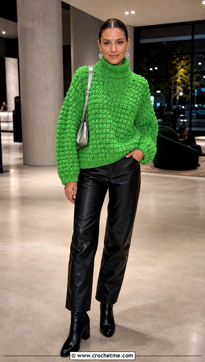 Puff Stitch Oversized Turtleneck Crochet Sweater With Faux Leather Pants - 15 oversized turtleneck crochet sweater outfit ideas