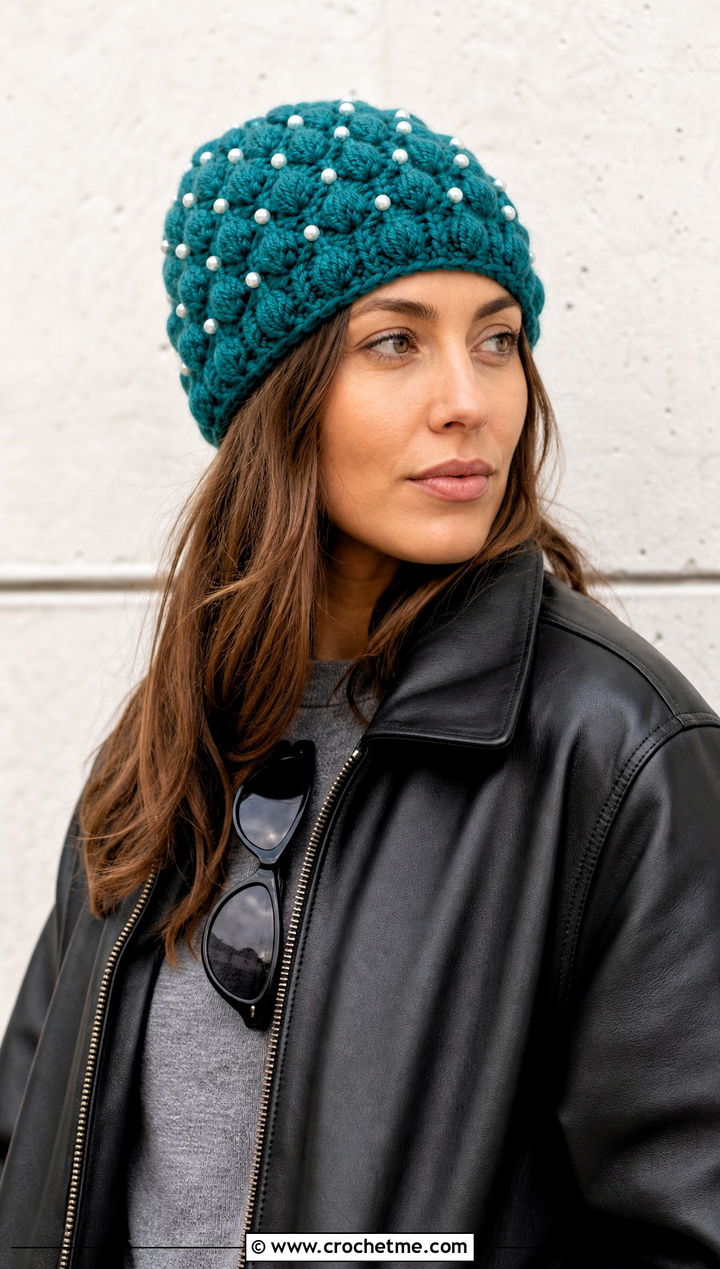 Puff Stitch Pearl Crochet Beanie With Leather Jacket - 15 Pearl Crochet Beanie outfit ideas