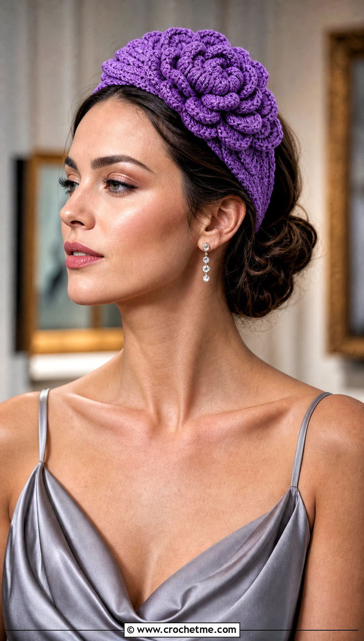 Puff Stitch Peony Crochet Headband With Satin Dress - 15 crochet headband with flower design outfit ideas