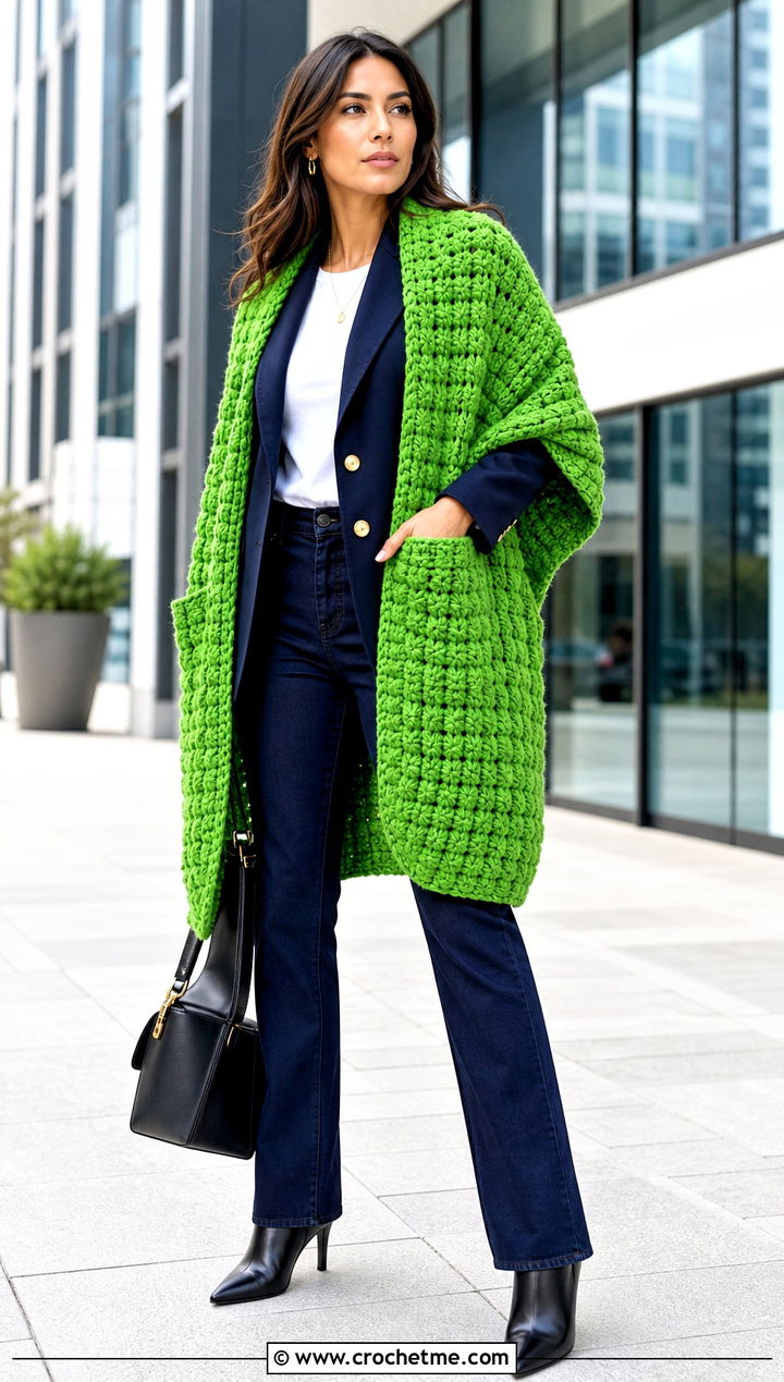 Puff Stitch Pocket Crochet Shawl With Blazer And Jeans - 15 Pocket Crochet Shawl outfit ideas