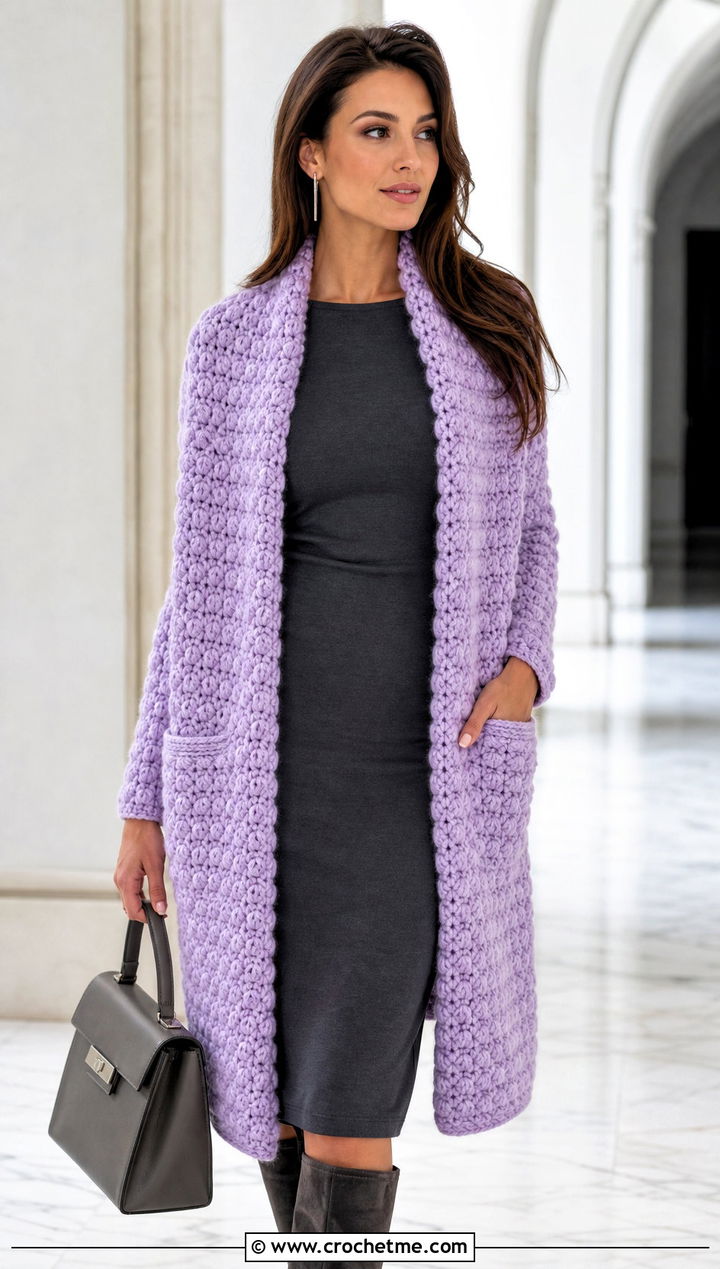 Puff Stitch Pocket Shawl With Column Dress - 25 Crochet Pocket Scarf Shawl outfit ideas