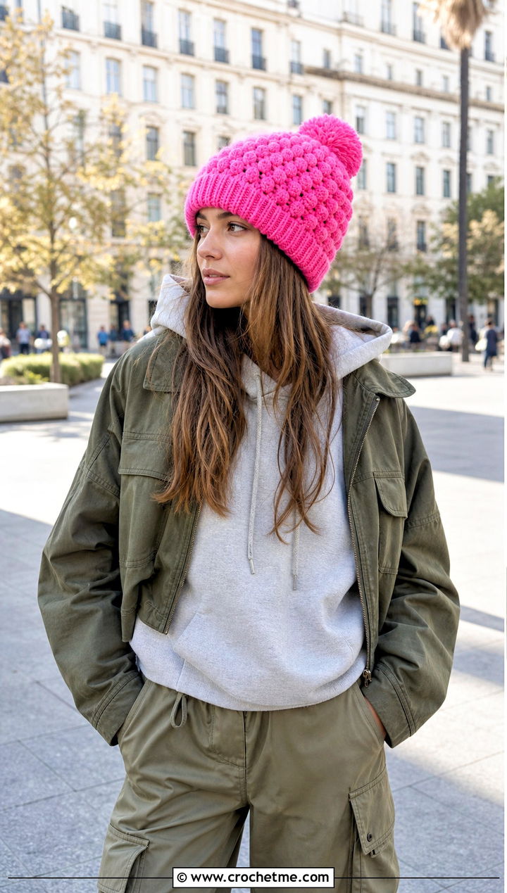 Puff Stitch Pom Pom Beanie With Hoodie And Cargo Pants - 30 crochet beanie with pom pom outfit ideas