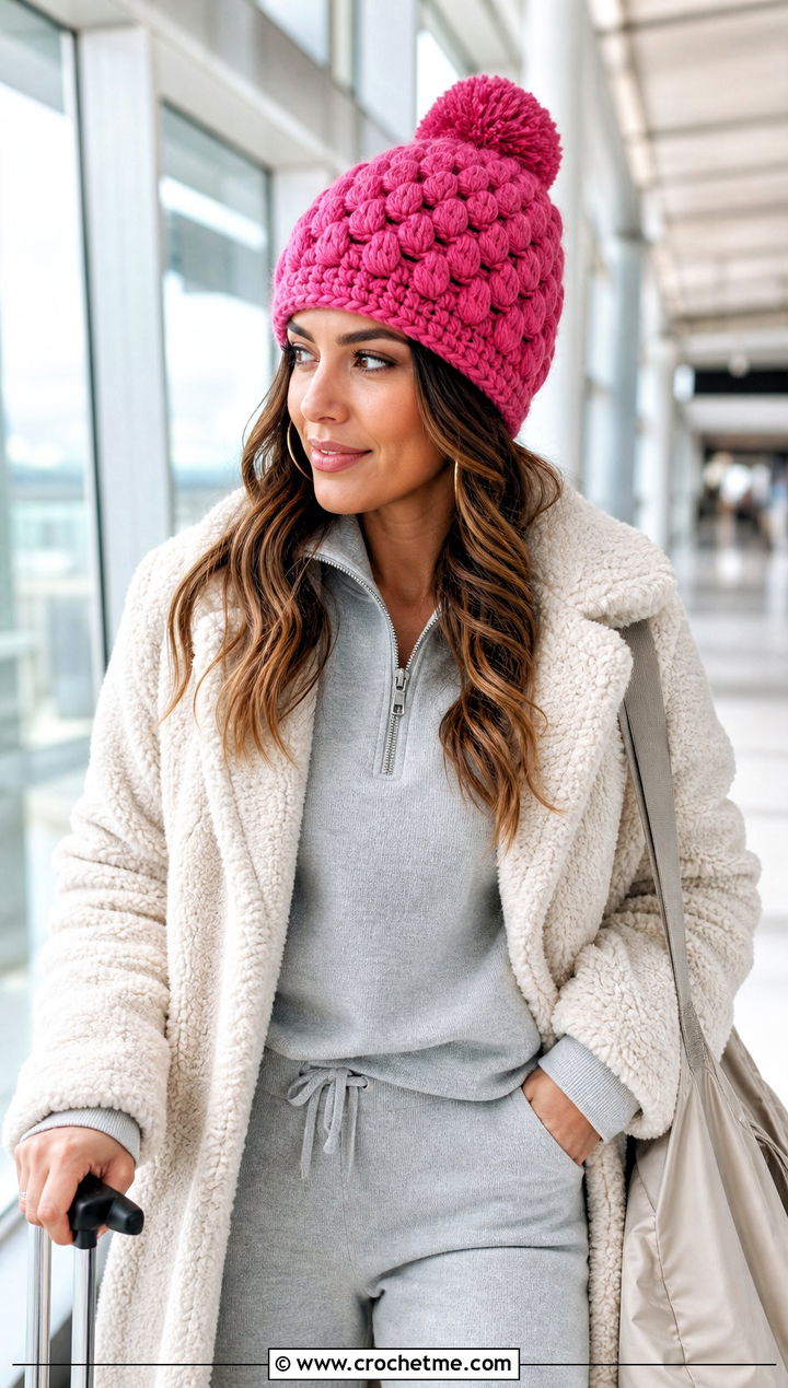 Puff Stitch Pom Pom Crochet Hat With Teddy Coat And Joggers - 30 crochet hat with pom pom outfit ideas