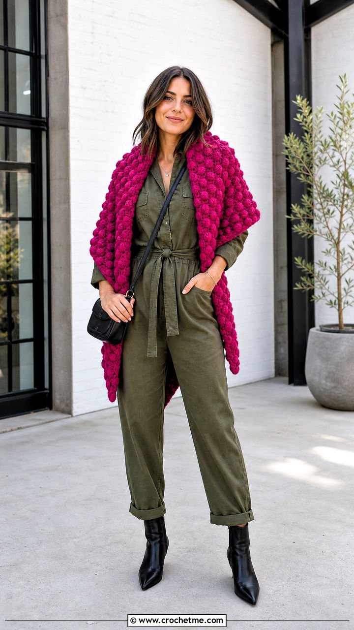 Puff Stitch Prayer Shawl With Utility Jumpsuit And Ankle Boots - 35 easy crochet prayer shawls outfit ideas