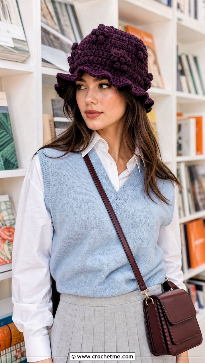 Puff Stitch Ruffle Bucket Hat With Sweater Vest - 25 Frilly Crochet Bucket Hat outfit ideas