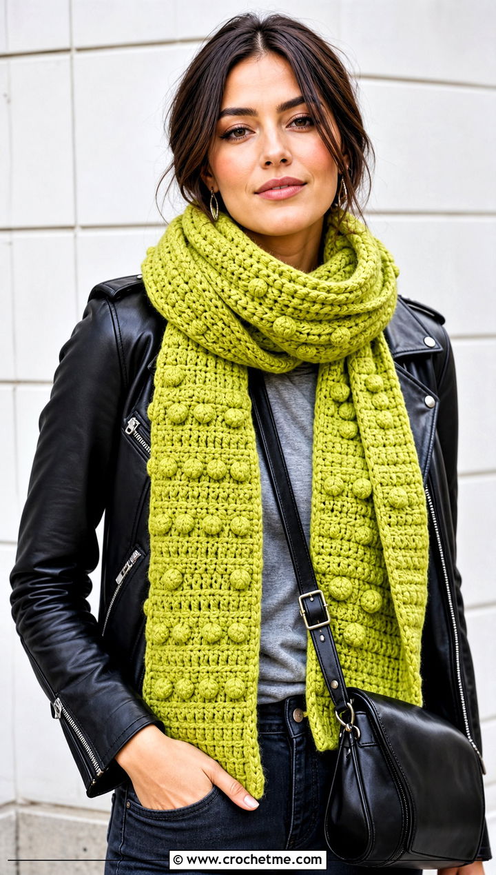 Puff Stitch Sampler Scarf With Leather Jacket - 20 Crochet Stitch Sampler Scarf outfit ideas