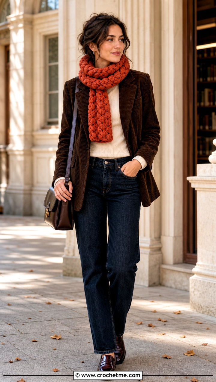 Puff Stitch Scarf With Corduroy Blazer - 35 crochet neck scarf outfit ideas