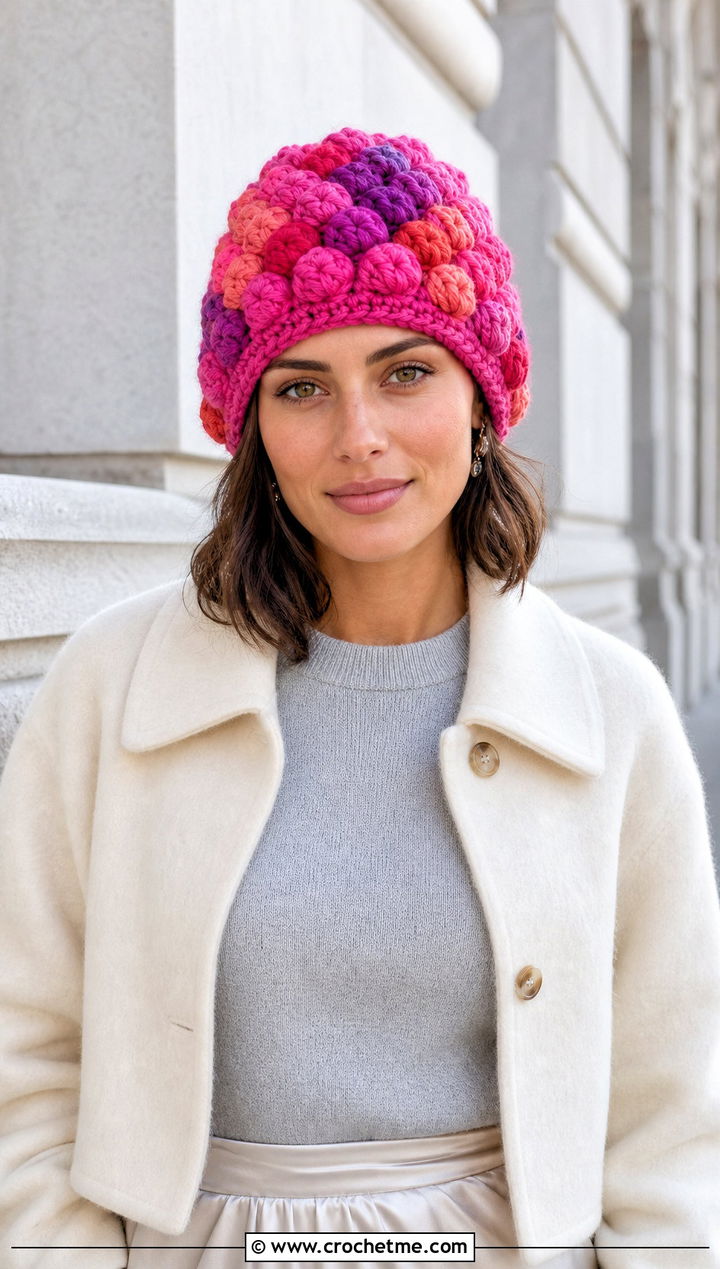 Puff Stitch Scrap Yarn Crochet Beanie With Satin Skirt - 30 scrap yarn crochet beanie outfit ideas