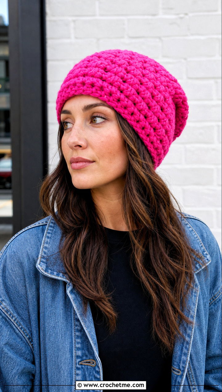 Puff Stitch Slouch Crochet Beanie With Denim Jacket - 30 slouch crochet beanie outfit ideas