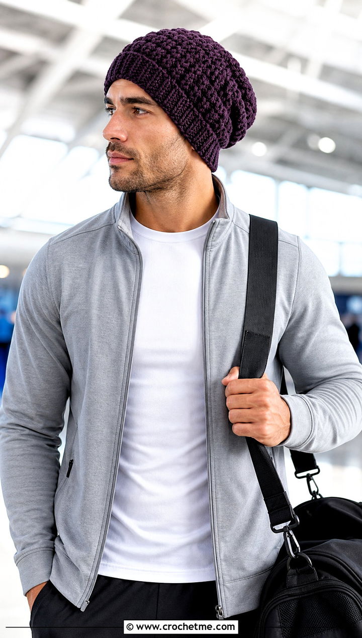 Puff Stitch Slouch Crochet Beanie With Tracksuit - 20 Mens Slouch Crochet Beanie outfit ideas