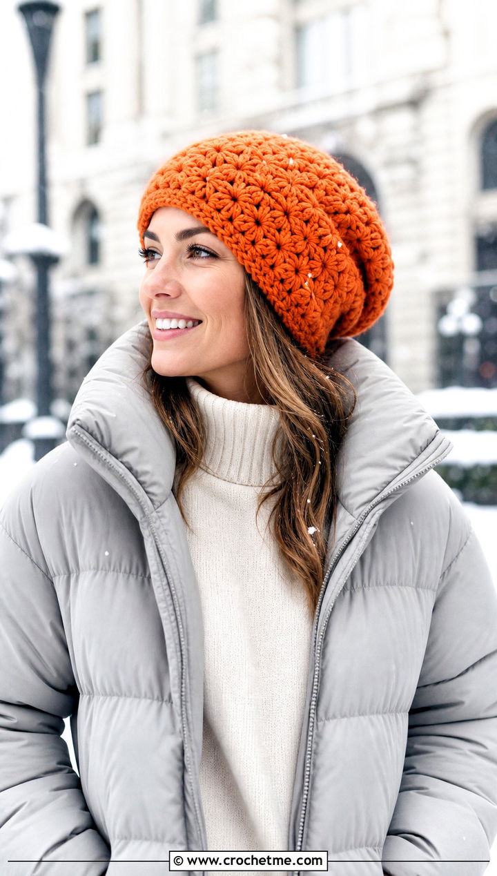 Puff Stitch Slouch Crochet Hat With Puffer Jacket - 30 slouch crochet hat outfit ideas